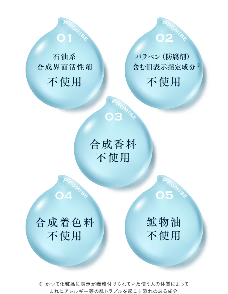 01:石油系合成界面活性剤不使用 02:パラベン（防腐剤）含む旧表示指定成分不使用 03:合成香料不使用 04:合成着色料不使用 05:鉱物油不使用 ※ かつて化粧品に表示が義務付けられていた使う人の体質によってまれにアレルギー等の肌トラブルを起こす恐れのある成分