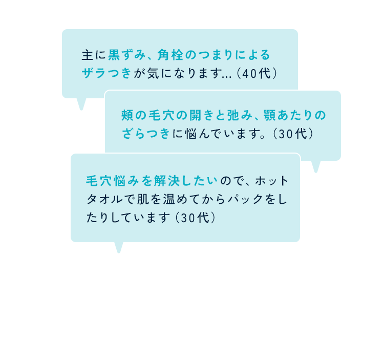 主に黒ずみ、角栓のつまりによるザラつきが気になります…（40代） 頬の毛穴の開きと弛み、顎あたりのざらつきに悩んでいます。（30代） 毛穴悩みを解決したいので、ホットタオルで肌を温めてからパックをしたりしています（30代）