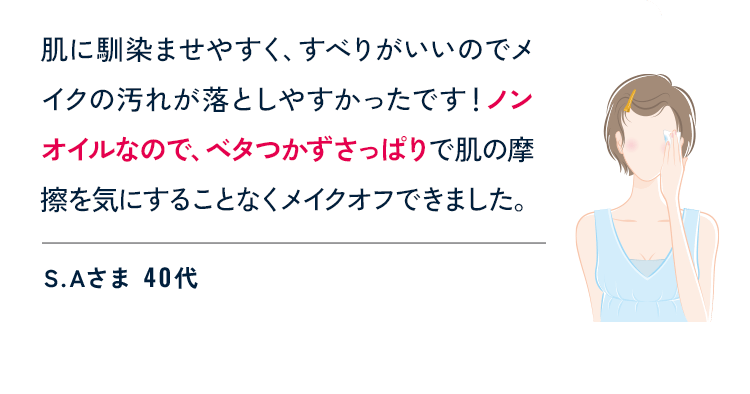 肌に馴染ませやすく、すべりがいいのでメイクの汚れが落としやすかったです！ノンオイルなので、ベタつかずさっぱりで肌の摩擦を気にすることなくメイクオフできました。 S.Aさま 40代