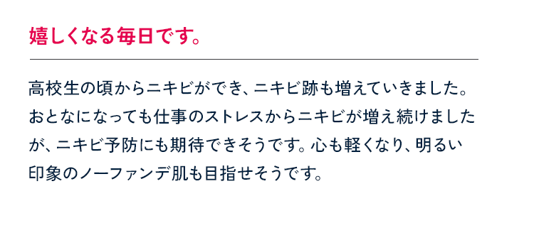 嬉しくなる毎日です。高校生の頃からニキビができ、ニキビ跡も増えていきました。おとなになっても仕事のストレスからニキビが増え続けましたが、ニキビ予防にも期待できそうです。心も軽くなり、明るい印象のノーファンデ肌も目指せそうです。